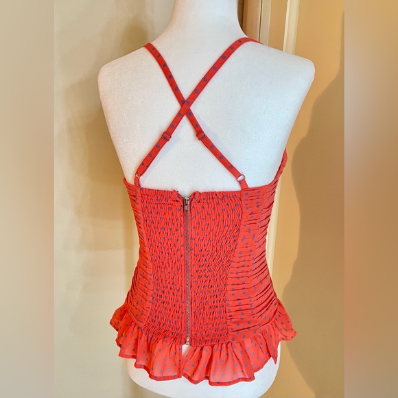 Guess corset vintage pin-up style top, red-orange + blue polka dots, bra top, S - Picture 3 of 5